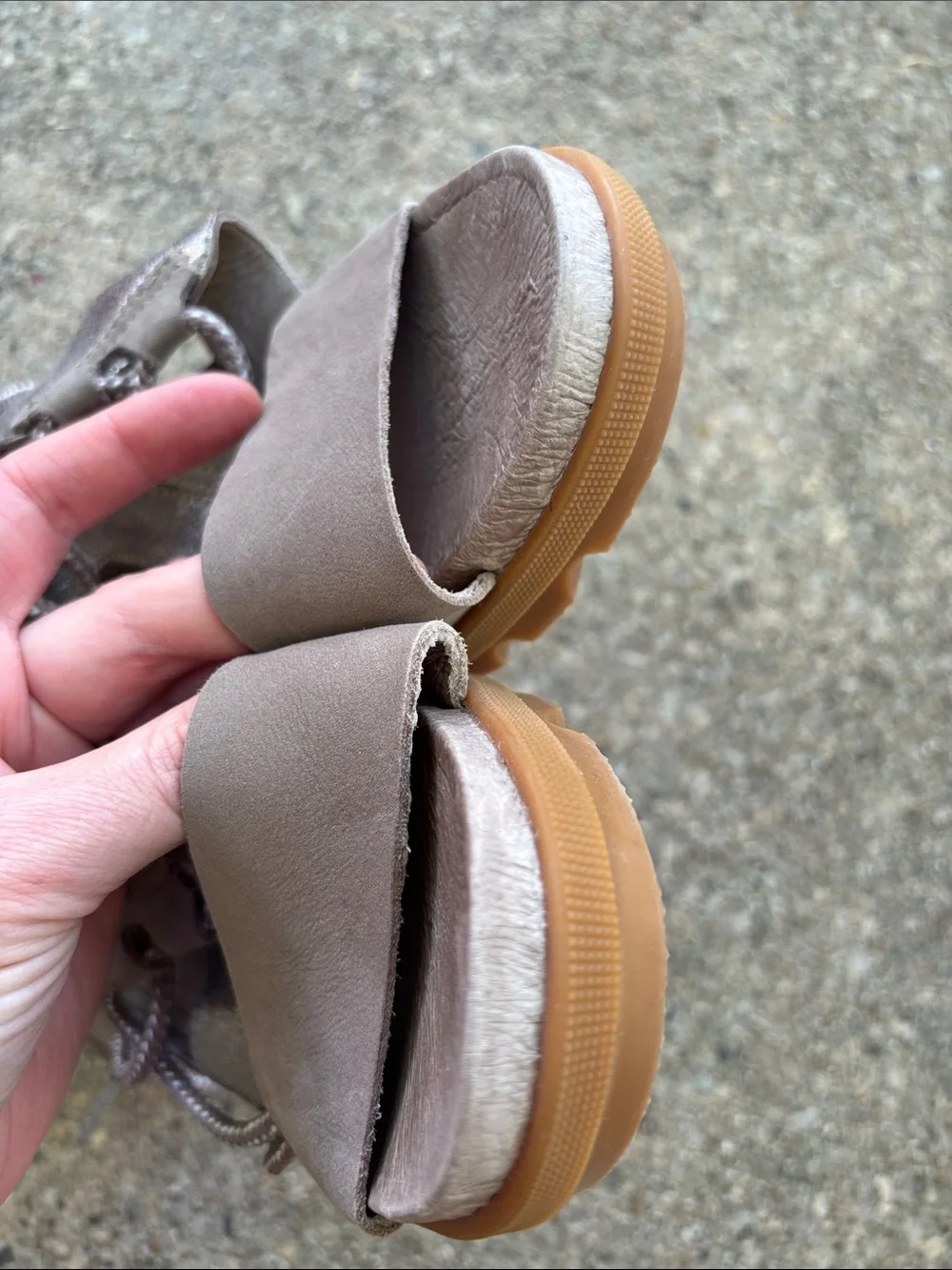 Sorel “Joanie II” wedge tie sandals, 8.5, ash color